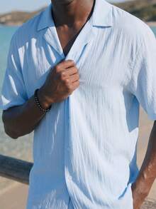 Surfspeed Men's Solid Color Lapel NeckShort Sleeve Shirt And Shorts Beach Outfit - Baby Blue - View 6
