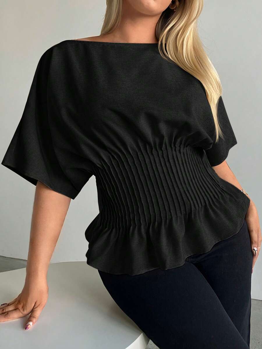 Auralis Blusa casual de manga corta con pliegues de unicolor, talla grande, primavera/verano - Negro - Ver 1