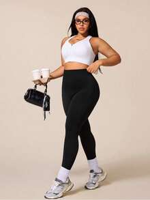 SHEIN Sports 大码女式高腰弹力显瘦纯色运动紧身裤 - 黑色 - 查看 5