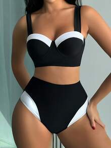SHEIN Swim Bộ đồ bơi bikini hai mảnh kiểu tank top có gọng cho nữ mùa hè, bộ đồ bơi bikini cạp cao - Đen và trắng - Xem 2
