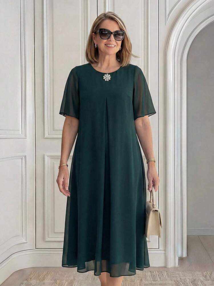 Elegant Round Neck Rhinestone Decorated Dress For Middle-Aged & Elderly Women,Summer Dress,Festival Outfits For Women,Going Out Dress, Classic Dresses For Ladies Formal Dress For Women Elegant Dress For Women Midi Dress For Women Mother Of The Bride Dress,Elegant Women's Dress,Green Dress