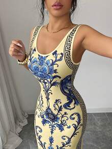 SHEIN Elenzya Exquisite Printed Chinoiserie Waist-Cinching Slit Luxurious Retro Middle Eastern UAE Style Robe, Tight Fit, Multi-Color, Sleeveless - Multicolor - View 3
