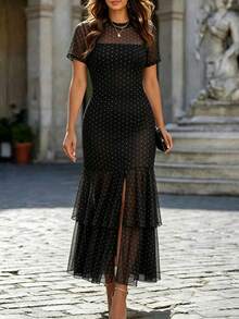 Elenzga Plus Size Women's Elegant Black Trim Polka Dot Mesh Double Ruffle Hem Dress, Spring/Summer - Black - View 1