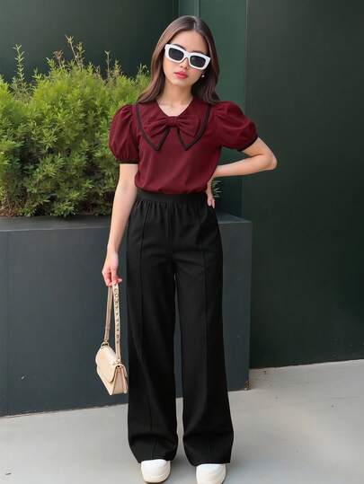 Reset Phase Ensemble chemise à manches courtes avec décoration de nœud et pantalon à jambes larges pour adolescentes