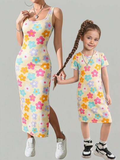 SHEIN Young Girl Knitted Ditsy Floral Fitted Casual Dress