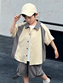 Bộ 2 món phong cách Hàn Quốc thoải mái gồm áo khoác cardigan cổ bẻ và quần short kaki cho bé trai, thích hợp cho các dịp xuân/hè như đi chơi, ngày Valentine, hẹn hò, du lịch, nghỉ lễ, họp mặt gia đình, tựu trường, đám cưới, tiệc tùng, thể thao, sinh nhật. - Nhiều màu - Xem 3