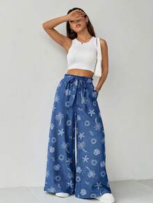 SHEIN Holidaya Women's Starfish Pattern Twist Waist Loose Casual Pants - Blue - View 7