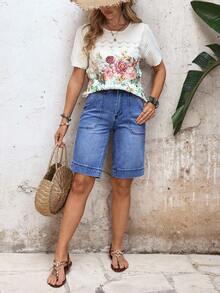 SHEIN Tall Damen Lässige Vielseitige Bermuda Denim Shorts Mit Taschen - Blau - Übersicht 5