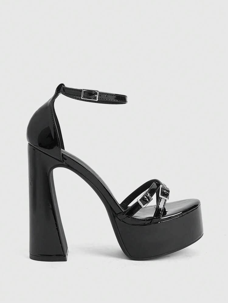 CUCCOO LuxiPop Spring And Summer New Design Thick Heels High Heels Elegant Temperament Simple Sexy Women's Sandals Black Patent Leather PU Material Hollow Ankle Strap High Heels Dress Shoes Dating Afternoon Tea Party Valentine's Day Elegant Wear