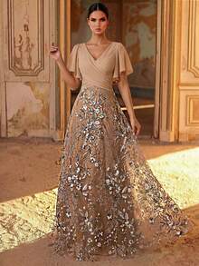 Aureia Elegant Luxurious Beige Spring Wedding Dress,Gold & Silver Embroidered Ruffle Sleeve,Bridal Mother Of The Bride Formal Occasions Party Holiday Dress - Multicolor - View 2