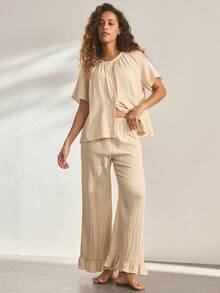 Ocili Bộ đồ ngủ nữ gồm quần dài tay lửng bằng vải crepe cotton mềm mại và cúc vỏ sò phía trước. - Màu Khaki - Xem 1