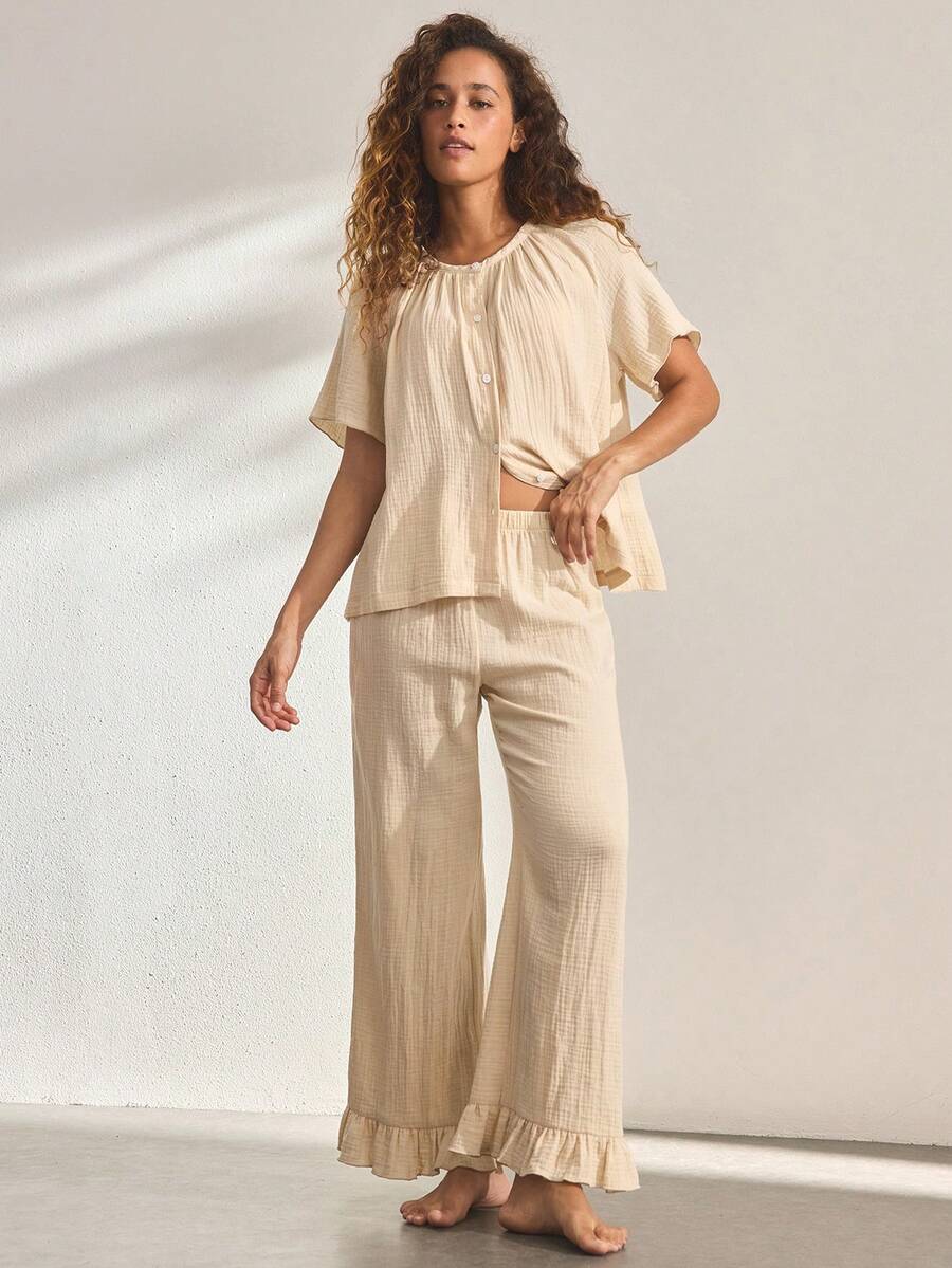 Ocili Bộ đồ ngủ nữ gồm quần dài tay lửng bằng vải crepe cotton mềm mại và cúc vỏ sò phía trước. - Màu Khaki - Xem 1