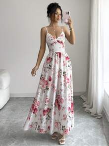 SHEIN Franclia Đầm dài hai dây thắt eo họa tiết hoa dành cho nữ, thích hợp cho kỳ nghỉ hè ở bãi biển. - Hồng - Xem 5