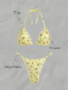 Bộ bikini buộc dây cổ in họa tiết ngẫu nhiên dành cho nữ, thích hợp cho mùa xuân/hè. - Nhiều màu - Xem 1