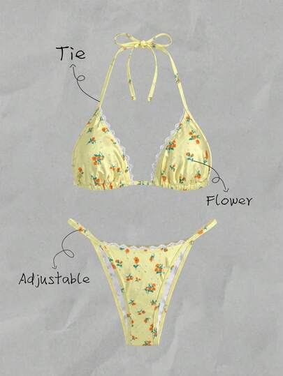 Elavelle Bộ bikini buộc dây cổ in họa tiết ngẫu nhiên dành cho nữ, thích hợp cho mùa xuân/hè.