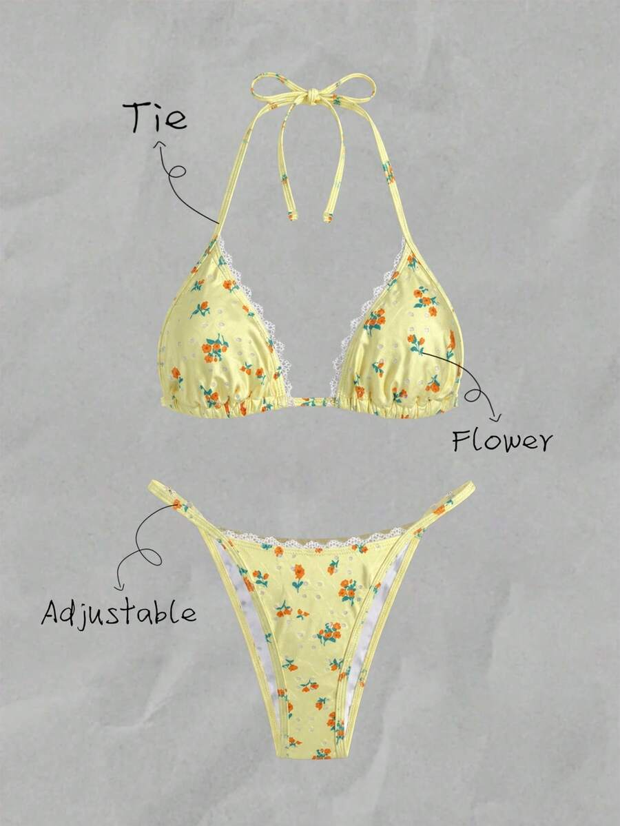 Bộ bikini buộc dây cổ in họa tiết ngẫu nhiên dành cho nữ, thích hợp cho mùa xuân/hè. - Nhiều màu - Xem 1