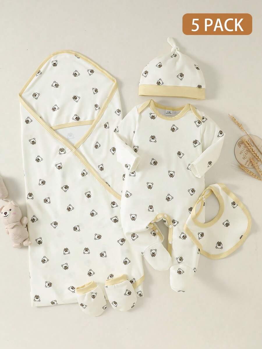 SHEIN Bộ 5 món in hình gấu hoạt hình cho bé gồm yếm, mũ, găng tay và chăn quấn, trang phục dễ thương cho các bữa tiệc và mặc hàng ngày, phù hợp cho bé từ 0-1 tuổi, sản phẩm mới mùa xuân/hè. - Màu vàng - Xem 1