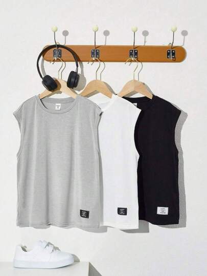 3pcs/Set Teen Boys' Casual Loose Sleeveless Knit Vest With Letter Print, Solid Color, Comfortable, Versatile, Suitable For Daily Wear, School, Outings, Outdoor Sports, Music Festivals, Holidays, Beach Vacations, Spring/Summer
