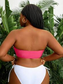 Slaydiva Plus Size Sexy Animal Print Bandeau Swimwear Top With Drawstring - Hot Pink - View 2