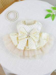 PETSIN 1 pieza Vestido de lujo para mascotas (gatos/perros) con estampado de cuadros en color dorado champán, decorado con rhinestones y grandes lazos en estilo princesa para perros pequeños - Champán - Ver 3