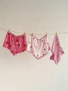 SweetSlumber 3pcs Strawberry Plaid Print, Knitted Ribbed Comfortable Ribbed Strawberry Shorts, Cute Mini Ruffle Hem Women Pajama Bottoms - Multicolor - View 3