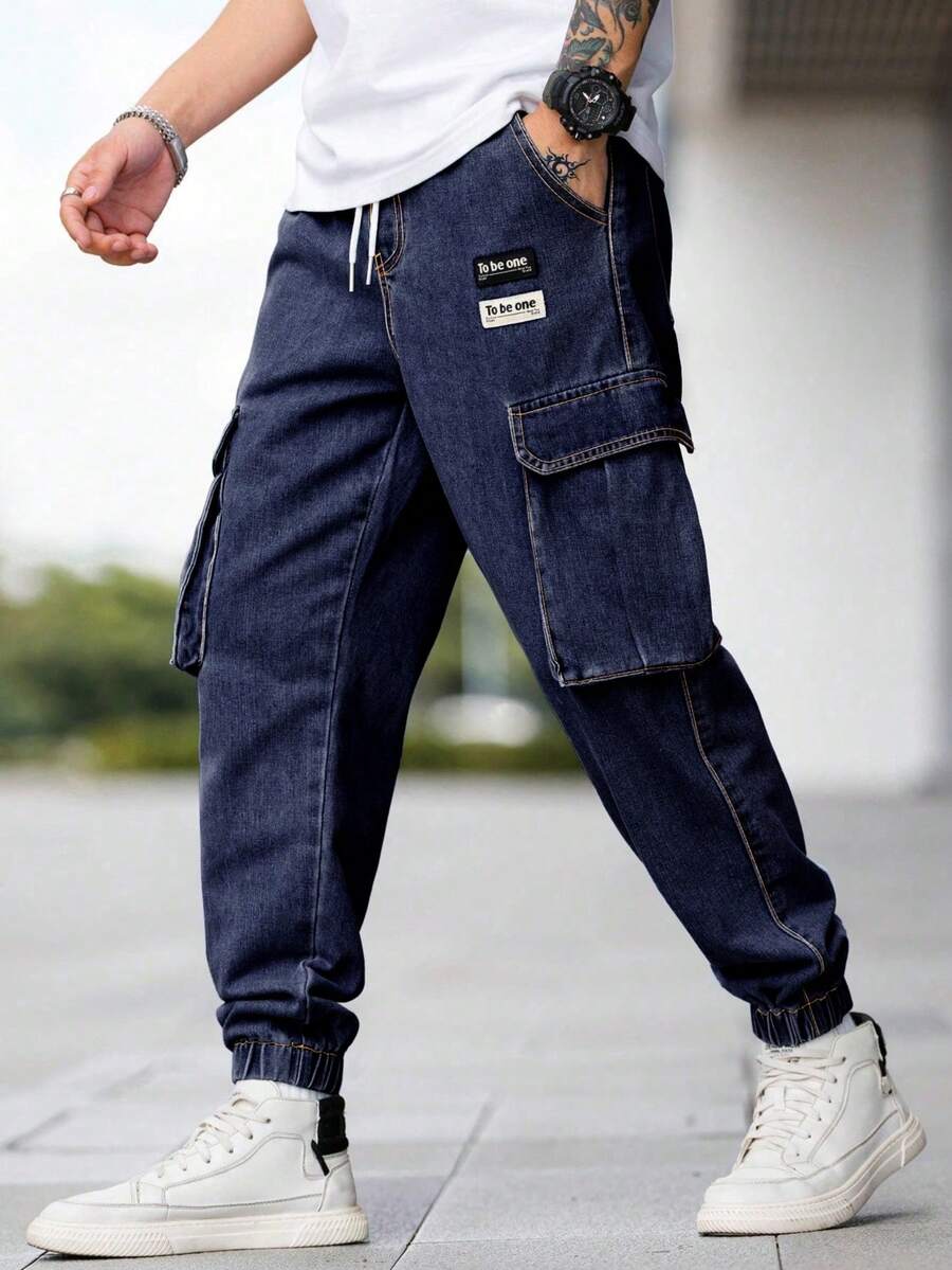 Manfinity Homme Plus Size Men's Drawstring Waist Pockets Cargo Denim Jogger Pants - Dark Wash - View 1