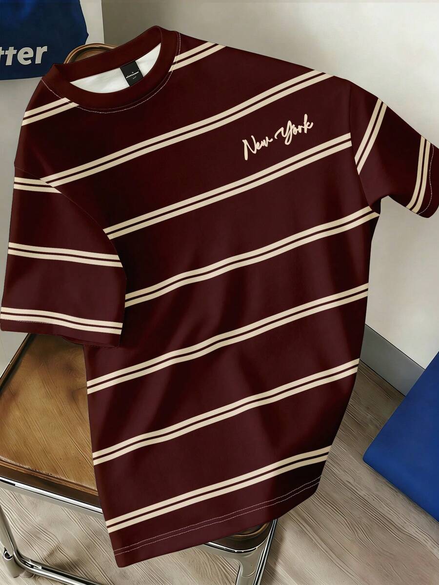 Manfinity Joysei Men's Letter & Stripe Print Round Neck Short Sleeve Casual T-Shirt - Brown - View 1
