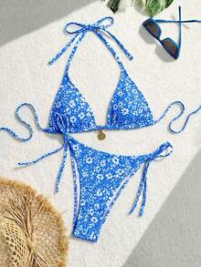 Swim Vcay Set Bikini Seksi Wanita Musim Panas Motif Bunga untuk Pantai, Model Halter Ikat, Motif Acak - Mint Blue - View 3