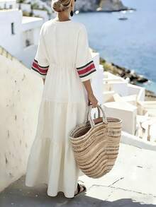 SHEIN Holidaya 女士休闲条纹拼接连衣裙 - 杏色 - 查看 2