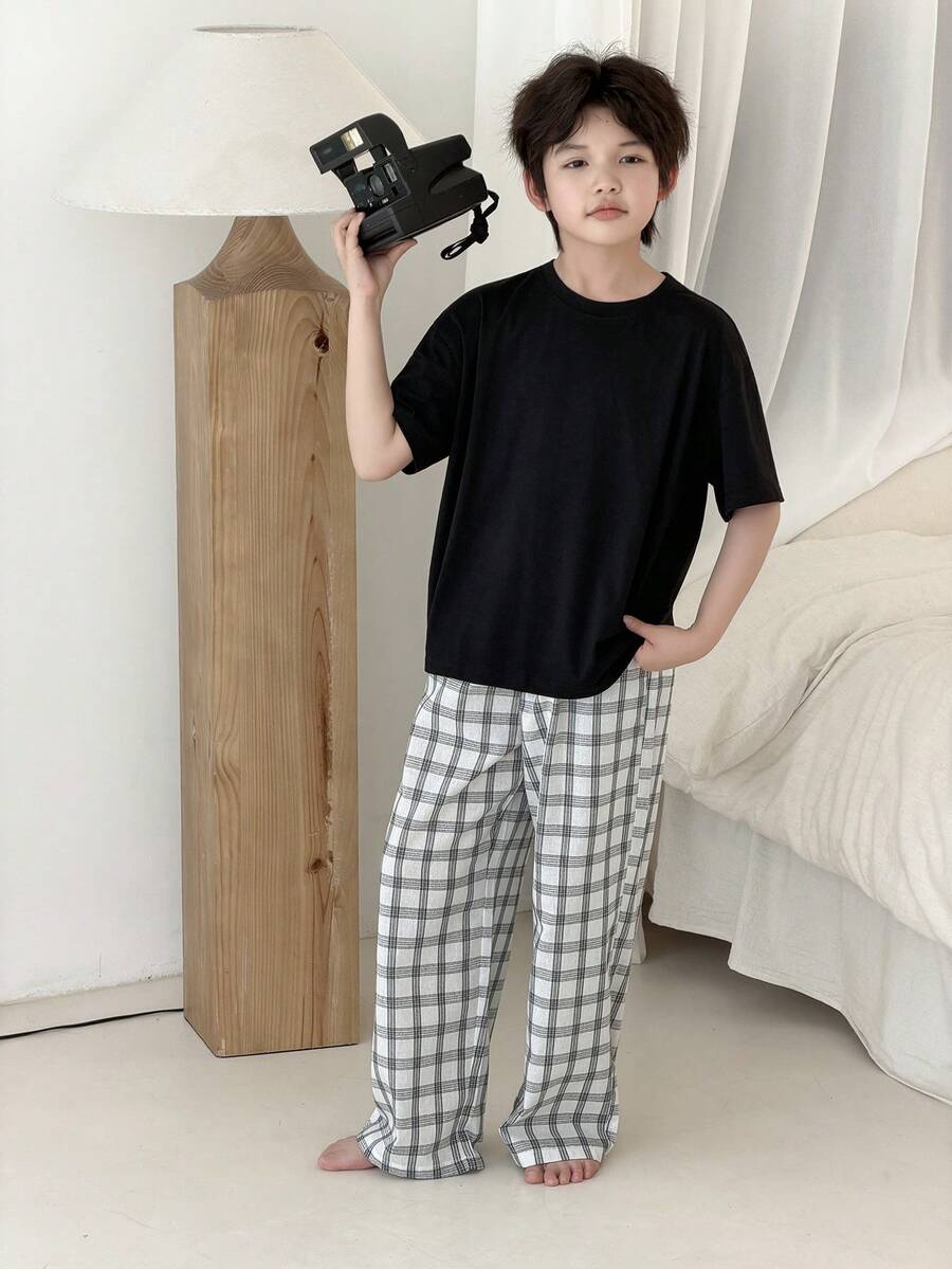 Dazy Kids Crew Neck Basic T-Shirt + Plaid Pants Tween Boys Pajamas Summer - Black - View 1
