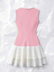 SHEIN LUNE 女士优雅撞色荷叶边无袖腰带度假连衣裙，夏季 - 淺粉色 - 查看 3