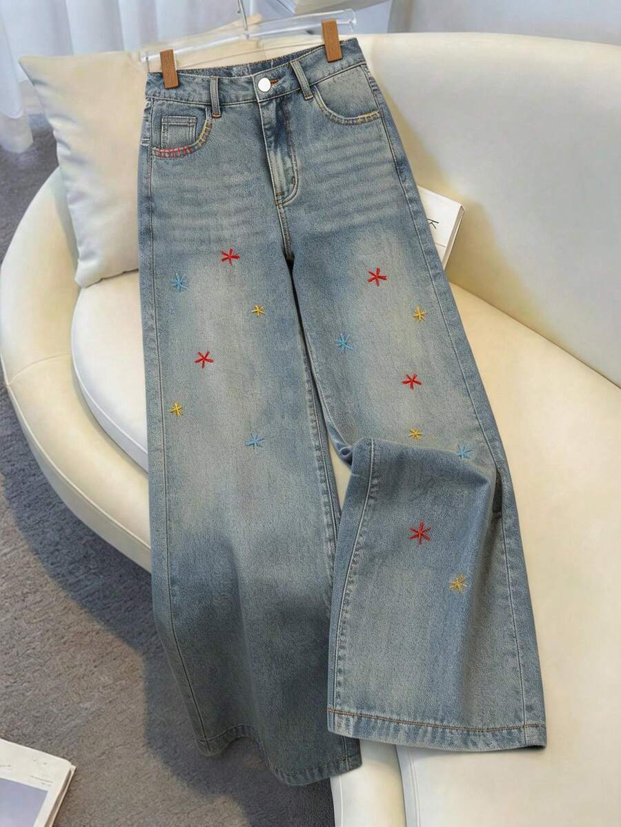 GlowEve 女士休闲日常水洗花卉刺绣斜插口袋阔腿牛仔裤 - 藍色 - 查看 1