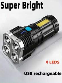 1 PIEZA Linterna recargable por USB, 4 LED ultra brillantes portátil, adecuada para camping al aire libre, emergencias, visualización de energía, con luz lateral, larga distancia de haz, uso en exteriores y en el hogar, regalo navideño - Negro - Ver 14
