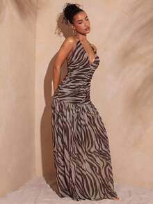 Hauture Sexy Summer Vacation Abstract Printed Deep Plunge Ruched Halter Open Back Maxi Dress - Multicolor - View 3