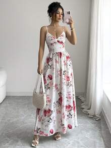 SHEIN Franclia Đầm dài hai dây thắt eo họa tiết hoa dành cho nữ, thích hợp cho kỳ nghỉ hè ở bãi biển. - Hồng - Xem 6