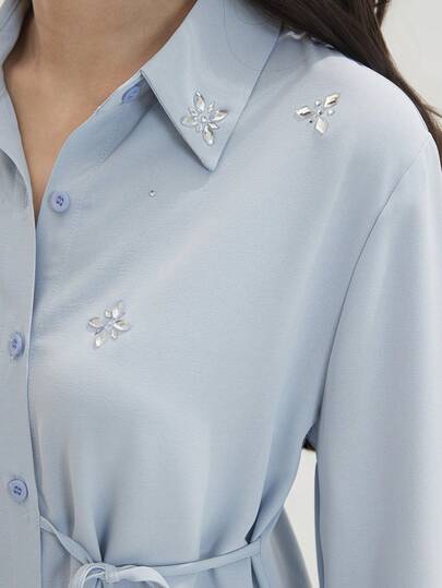 Heiryn New Arrival Luxury Rhinestone Decorated Elegant Tie-Waist Everyday Commute Blouse