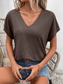 SHEIN Frenchy 女士纯色V领蝙蝠袖短袖休闲T恤 - 咖啡棕 - 查看 5