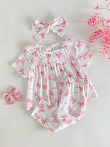 3pcs/Set Baby Girls' Cute Sweet White And Pink Bow Print Outfit,Soft Comfortable Short Sleeve Top,Pants And Headband,Summer Holiday Home Night Wear - Pink - View 1