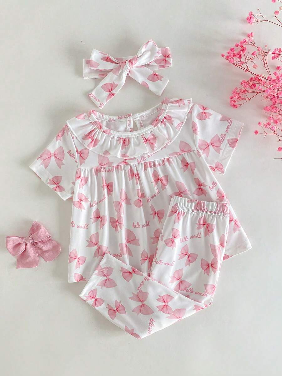 3pcs/Set Baby Girls' Cute Sweet White And Pink Bow Print Outfit,Soft Comfortable Short Sleeve Top,Pants And Headband,Summer Holiday Home Night Wear - Pink - View 1