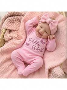 SHEIN Babygirl Cute Casual Knit Pink Printed Footie Jumpsuit - Pink - View 1
