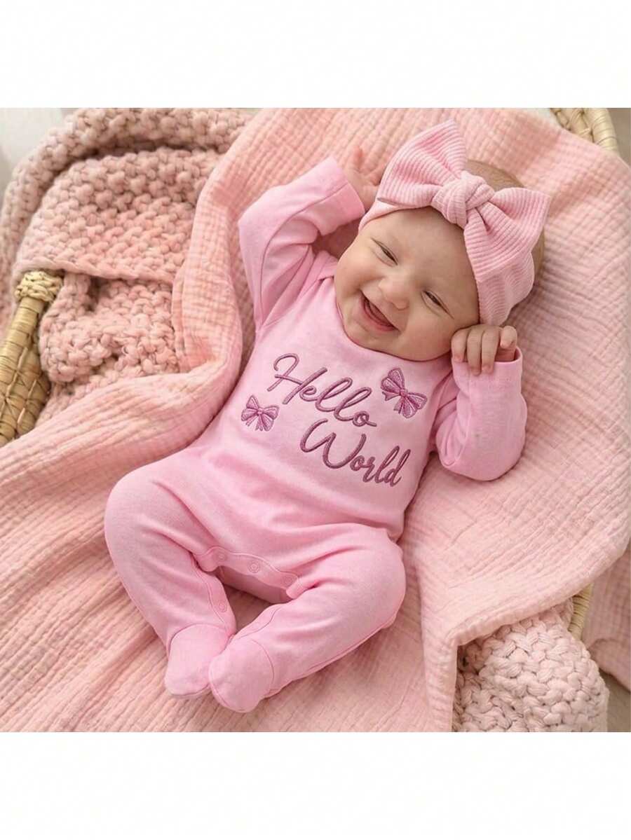 SHEIN Babygirl Cute Casual Knit Pink Printed Footie Jumpsuit - Pink - View 1