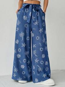 SHEIN Holidaya Women's Starfish Pattern Twist Waist Loose Casual Pants - Blue - View 4