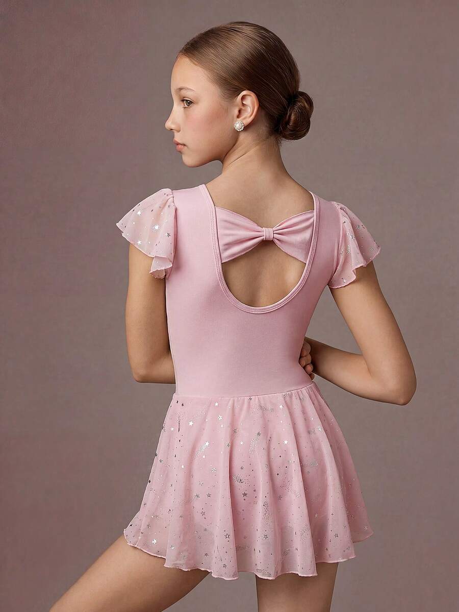 SHEIN Tween Girls' Sleeveless Ballet Jumpsuit, Soft Mesh Splice Bowknot Design, Shiny Star Mesh Splice, Comfortable Stretch, Dance, Yoga, Fall Winter, Gym - Pink - View 1