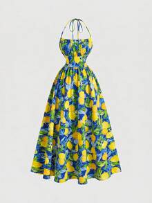 MOD Vestido con estampado de limón, tirantes con lazo y espalda descubierta - Niebla azul - Ver 6