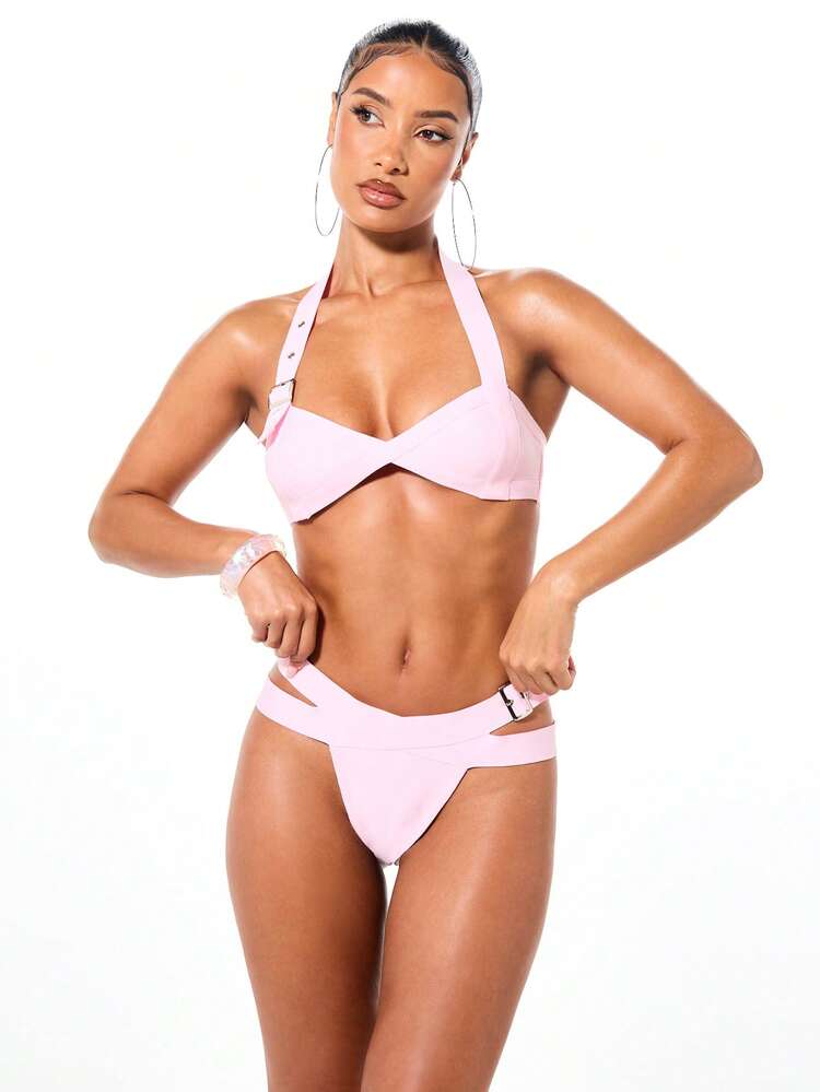 SUMWON WOMEN Halter Bandage Cross Over Buckle Detail Two Piece Swimwear Set Summer Beach Vacation Resort Pool Party Bikini Top Bottom