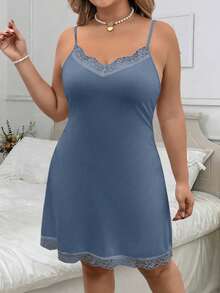 SHEIN Clasi Đầm slip ren phối màu trơn dành cho nữ cỡ lớn - Màu xanh bụi bặm - Xem 5