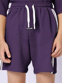 Boys Textured Crew Neck T-Shirt And Shorts Co-Ord Set With Contrast Side Stripe Detailing Casual Summer Outfit - Purple - View 7