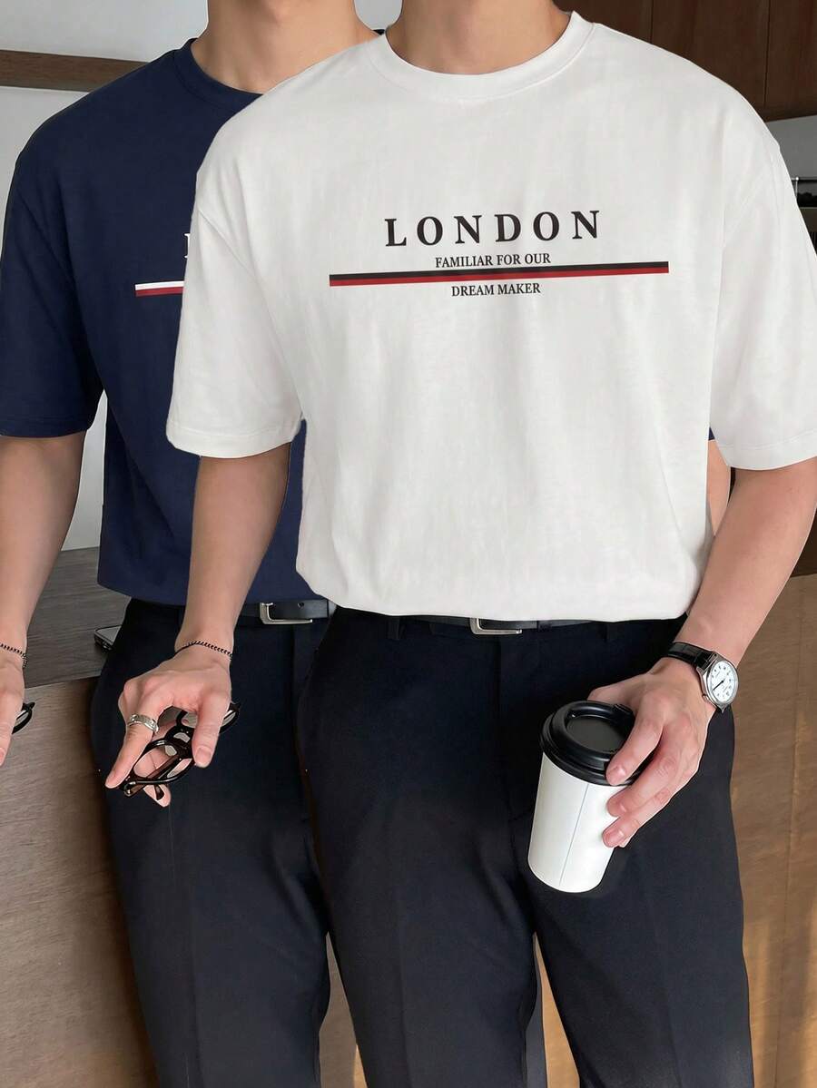 Men Cottonline 2pcs Letter Printed Regular T-Shirts - Blue and White - View 1
