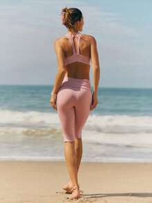 GLOWMODE FeatherFit™-Sculpt GlowLift Push-Up Keyhole Back Side Mesh Contrast Trim Sports Bra With Removable Cups Running Workout Gym - Rusty Rose - View 7