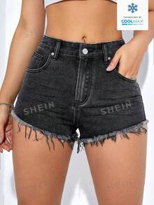 SHEIN EZwear Quần short denim nữ kiểu dáng thường ngày, có túi và gấu quần rách, đa năng cho trang phục hàng ngày. - Xám - Xem 6